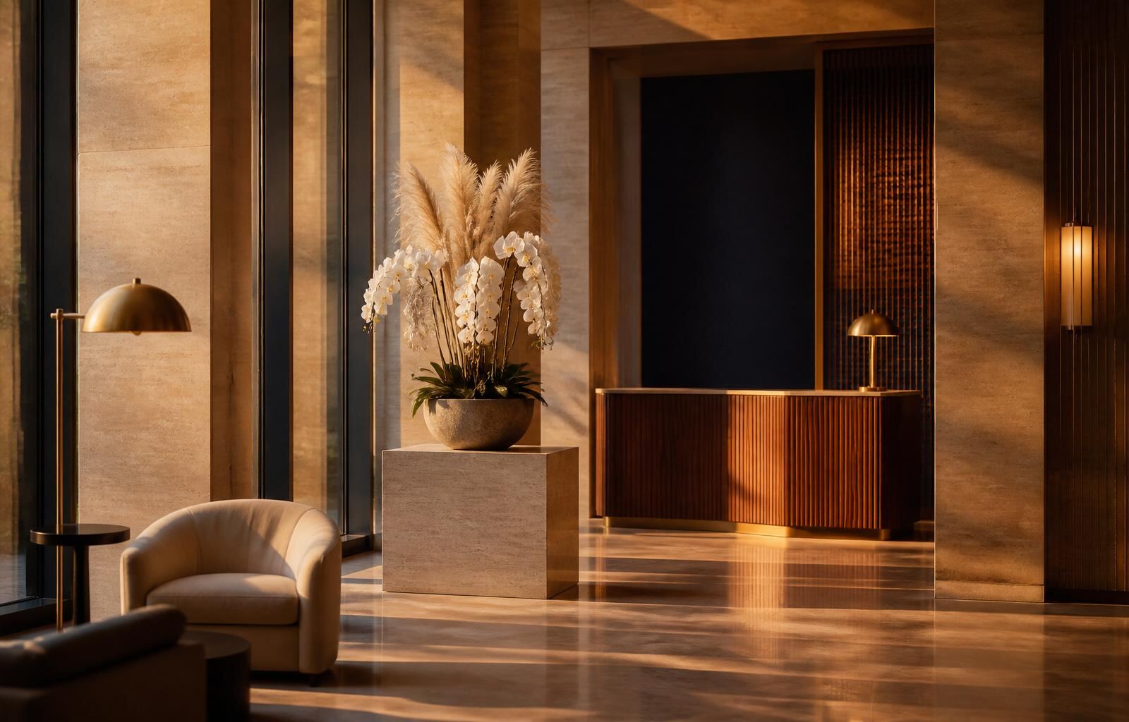 Lobby de hotel de lujo con luz cálida al amanecer